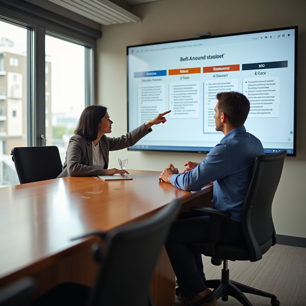 Two professionals in a modern conference room reviewing an SEO audit on a large screen, collaborative discussion, warm natural light from floor-to-ceiling windows