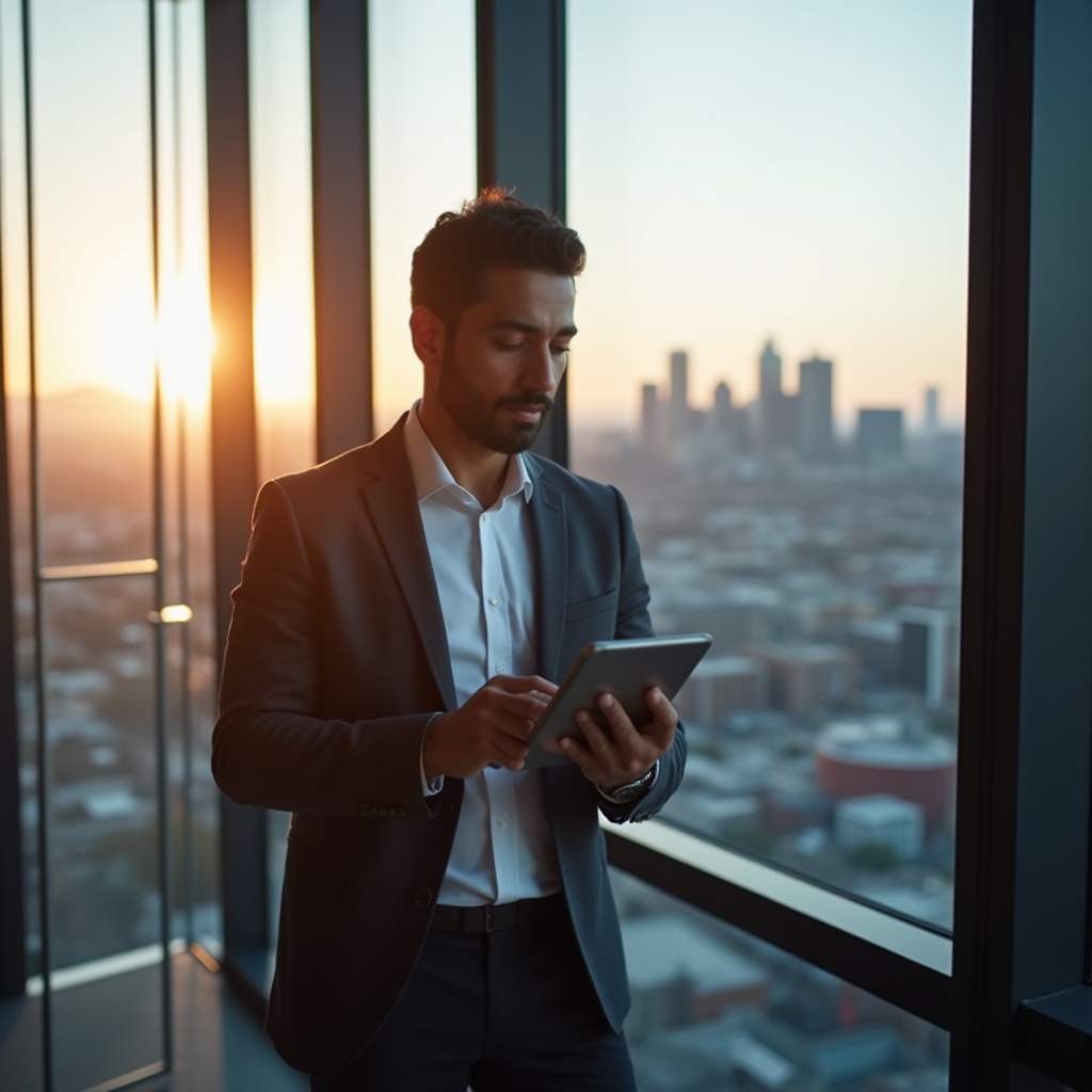 E-commerce founder, Latino man in his early 40s, business casual attire, reviewing analytics on a tablet in a contemporary office with large windows and city view, determined expression
