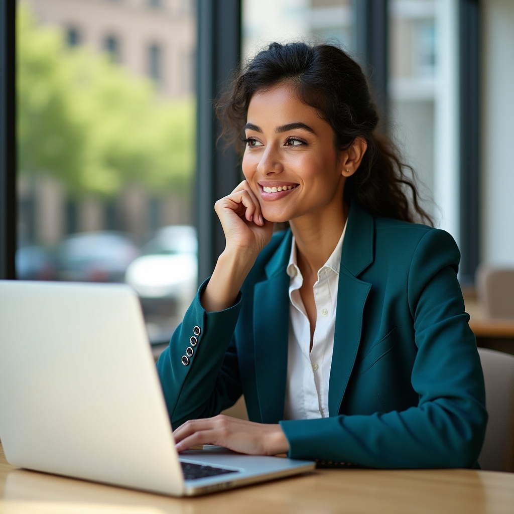 Small business owner in her early 30s, South Asian woman in a smart casual blazer, working at a laptop in a bright modern office, focused and thoughtful expression