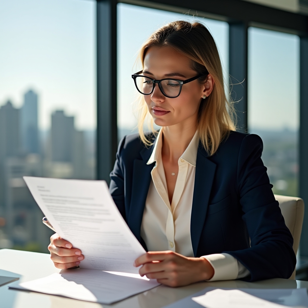 Business owner in smart casual attire reviewing an SEO audit document at a modern desk, focused expression, natural window light